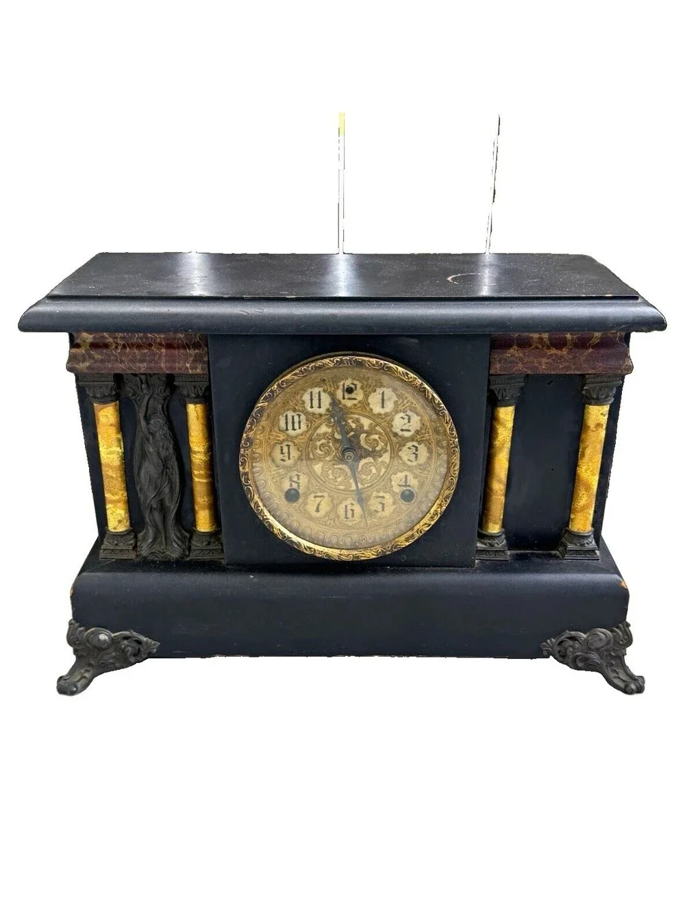 Antique Sessions Black Mantel Clock Ornate Gold Columns Gong Pendulum 16.75”